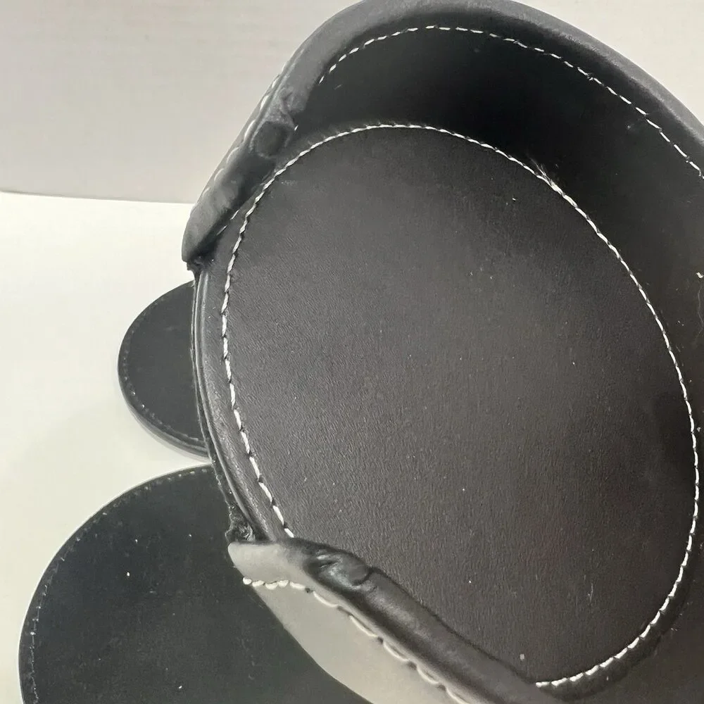 Bonded Black Leather 4 Coaster Set With Holder Embossed HisCall White Stitching